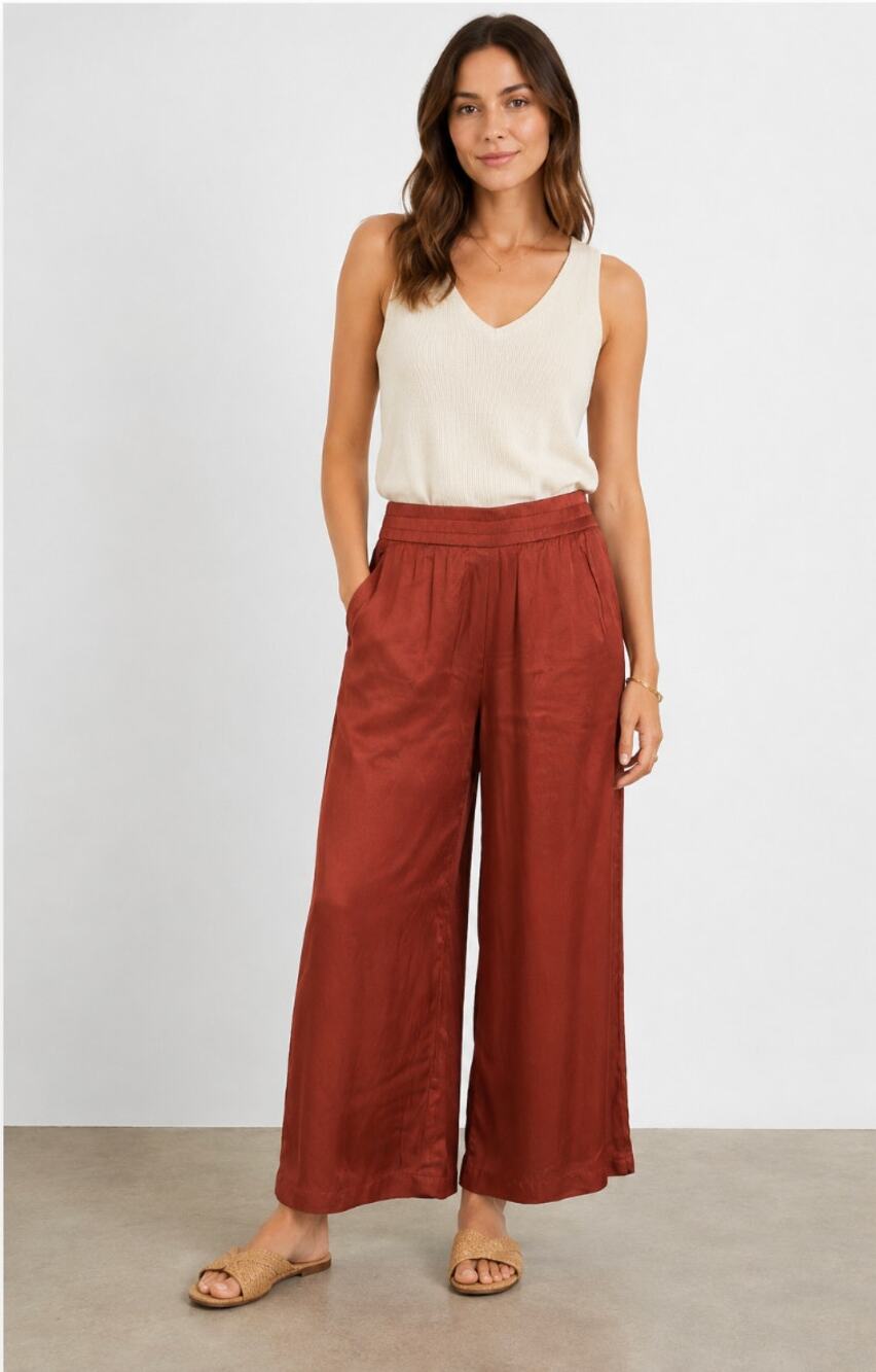 FRNCH Palmina Pants Women’s Medium Marron Glace Satin Wide Leg High Rise Pull On